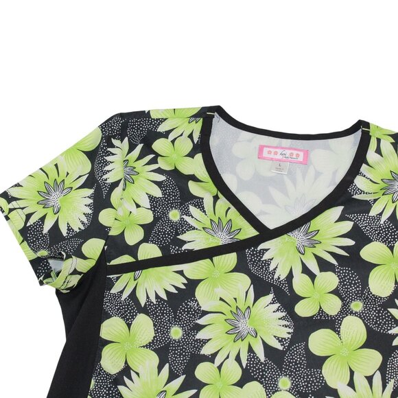 Koi Womens Large Medical EMS Vet Nurse Scrub Top Green Floral Stretch Breathable - Picture 4 of 11